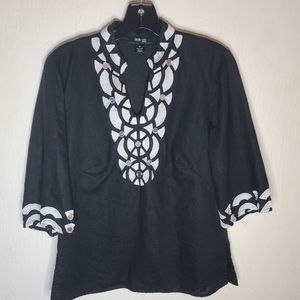 Style and Co. Black and White Linen V Neck Tunic 3/4 sleeve Size 4P